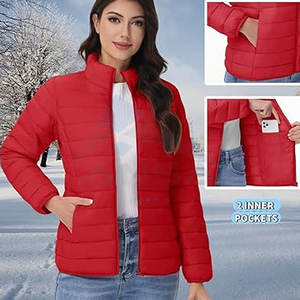 Veste matelassée légère pour femme, manteau d'hiver chaud, fermeture éclair intégrale, col montant, design moderne, rouge Tamoto - Product Image 5