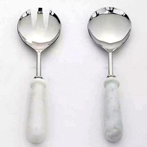 Black with <b>White</b> <b>Circle</b> Design Resin Handle Stainless Steel <b>Mirror</b> Polished silver Salad Serving Set for Wedding - Product Image 4