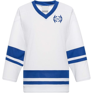 Jersey de Hockey sobre Hielo Sublimado Personalizado, Transpirable, con Nombre del Equipo, Número, Cierre con Cordones, Franja Azul, 100% Poliéster, Personalizable - Product Image 1