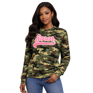 Camo Soror Crewneck Sweatshirt Greek Sorority <b>Womens</b> Pink & Green College Sisterhood Stylish Casual Apparel - Product Image 1
