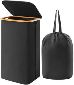 100L Laundry <b>Basket</b> with Lid Foldable Clothes Hampers with <b>Bamboo</b> Handles and a Removable Laundry Bag - Product Image 2