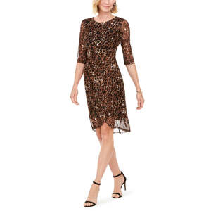 Abito da donna in chiffon marrone con stampa a contrasto, taglia 10, silhouette a tubino con vita naturale - Product Image 1