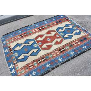 Alfombra turca Kilim de 4,6X6,3 pies, Alfombra de lana de tejido plano Beige azul para sala de estar, patrón de pasillo rectangular, pila de felpa de látex - Product Image 2