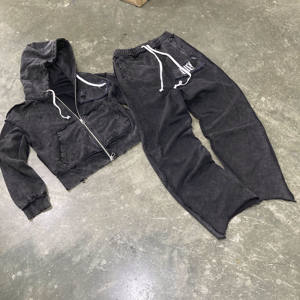 Ensembles de pantalons de survêtement et de joggers à capuche personnalisés à jambes larges ensembles de sweat à capuche brodé délavé au soleil ensembles de sweat à capuche zippé vintage délavés à l'acide pour hommes - Product Image 1