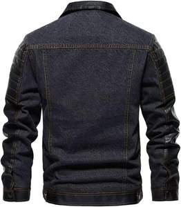 Manteau Slim pour Homme, Veste en Denim Faux Cuir Patchwork avec Col Montant, Fermeture Boutonnée sur le Devant, Languette de Taille Réglable, Poches Multiples - Product Image 5