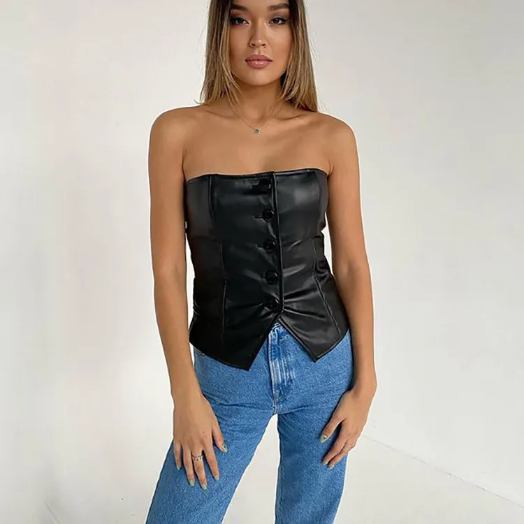 Chic femmes vêtements Femme Chic boutons Sexy bustier tubulaire maigre Pu cuir Corset sans manches débardeur