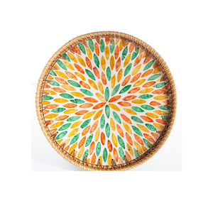 Plateau de service rond en rotin coloré écologique tissé à la main avec incrustation de nacre pour le stockage des aliments décor de noël fabriqué au Vietnam - Product Image 1