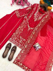 Conjunto de Kurta y Palazzo con bordado rojo hermoso, de manga larga, estilo moderno, traje/vestido Salwar para fiesta, trajes Punjabi para mujer - Product Image 4