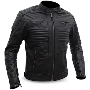 Chaqueta de cuero azul estilo motociclista con cuello levantado para hombre al por mayor, chaqueta ajustada con cremalleras de cuero auténtico con logotipo personalizado, holgada OEM - Product Image 1