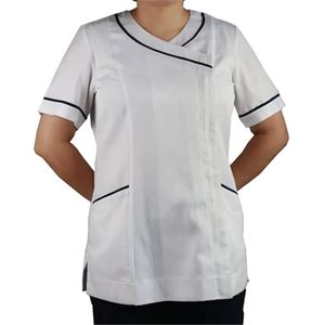White V-Neck <b>Scrub</b> <b>Top</b> with Magenta Trim Women's Hospital Uniform Cotton Polyester Woven Fabric with Pockets - Product Image 5