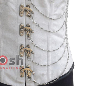 <b>Corsets</b> Overbust Steelboned White Bridal Wear Brocade <b>Corset</b> With Black Leather Trim And Front Chains Attached With Busk Closure - Product Image 3