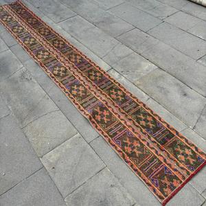 Turkish 1.3x9.8 ft Rug, <b>Runner</b> Vintage Rug, <b>Red</b> Blue Southwestern Wool Rug - Product Image 2