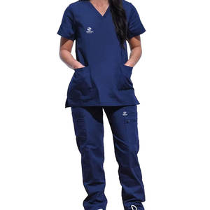Ensemble de gommage athlétique à manches courtes pour femmes-bleu-Hauts de gommage médical-Chemises d'uniforme d'infirmière avec 3 poches-Ensemble d'uniformes légers - Product Image 1