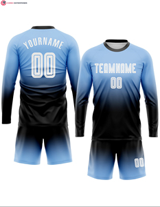 Custom <b>Light</b> Blue White-Navy Heat-Transfer Printed 100% Polyester Quick Dry All Seasons Long Sleeve Fade Fashion Soccer Uniform - Product Image 3