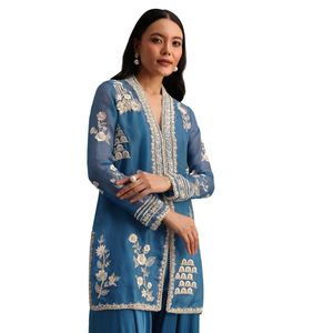 Abito blu Resham lavoro Kurti Palazzo all'ingrosso donna abbigliamento etnico OEM fornitore di abbigliamento personalizzato per feste - Product Image 2