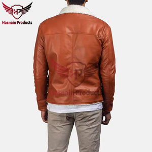 Chaqueta de cuero marrón para hombre con cuello de piel de cordero, piel auténtica, estilo casual de invierno, con cremallera. - Product Image 4