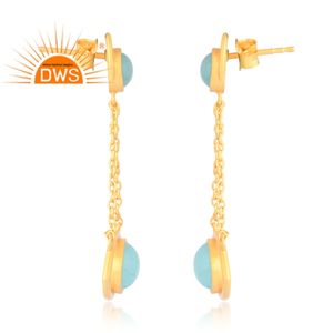 Mejor Venta de plata de ley 925 18K chapado en oro Natural Aqua Calcedonia piedra preciosa pendiente Demi joyería fina fabricante - Product Image 4