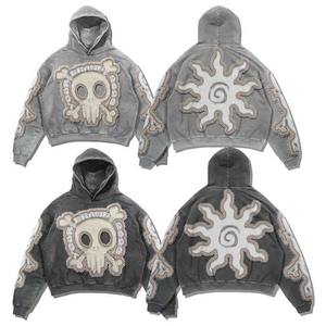 Nueva llegada Logotipo de diseño personalizado moda Hip Hop Vintage piedra lavada Chenille Distress apliques bordado Crop Hoodie - Product Image 1