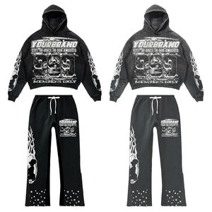 Ensemble survêtement de survêtement solide d'hiver personnalisé pour hommes pantalon de survêtement évasé à broderie en détresse pantalon à capuche grande taille survêtement empilé 100% - Product Image 1