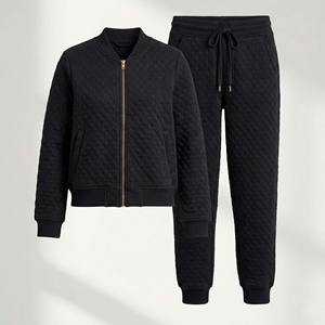 Ensemble de survêtement pour femme en coton matelassé de qualité supérieure, noir mat, veste bomber à points diamants, pantalon de jogging, 2 pièces, short au-dessus du genou - Product Image 1