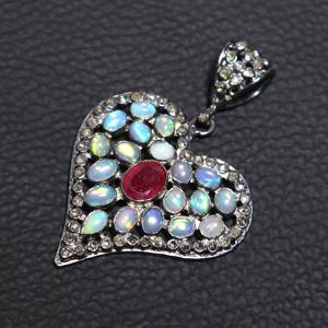 Colgante de piedras preciosas de diamante granate y ópalo Ethiopain Natural hecho a mano diseño Vintage 925 Fabricación de plata esterlina de alta calidad - Product Image 3