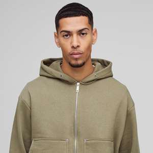 Vêtement de sport surdimensionné en polaire respirant pour homme, personnalisé en gros, couleur kaki, sweat à capuche zippé de type charpentier, polyester/coton 345g - Product Image 6