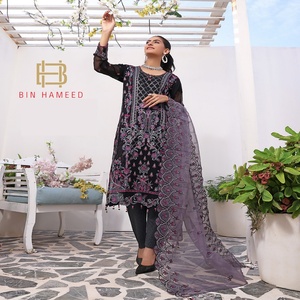 Bin Hameed luxe 3 pièces brodé femmes costumes à la main en mousseline de soie broderie lourde pour les mariages fêtes indien pakistanais - Product Image 5