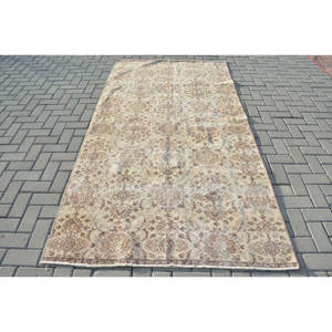 พรมตุรกีวินเทจคลาสสิกสีเบจสีน้ำตาลขนาด4.5x8.6ฟุตผ้าขนสัตว์เย็บปะติดปะต่อพื้นที่ขนาดใหญ่ที่มียางรองสำหรับห้องโถงหรือห้องนอน - Product Image 1