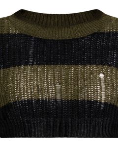 Pull court en tricot crocheté à rayures noires et olive personnalisé pour femmes, manches longues évasées, ajouré, délavé, tendance, haut d'hiver - Product Image 3