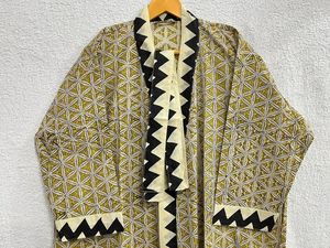 Albornoz de algodón con estampado de bloques hecho a mano para mujer, ropa de dormir larga de verano, cubierta de playa, dama de honor, cintura de novia Natural - Product Image 2