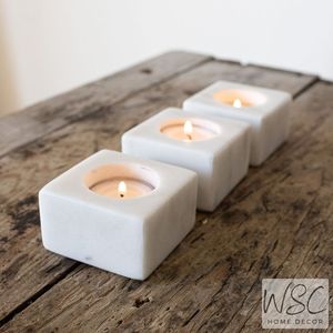 Trio de bougeoirs cubiques en marbre blanc moderne, décoratif minimaliste, artisanal, centre de table, artisanat haut de gamme - Product Image 4