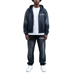 Ensemble 2 pièces pour homme de haute qualité, hiver, à capuche, effet délavé, 100% polyester polaire, logo imprimé personnalisé, sweat à capuche et pantalon de survêtement, style Hip Hop - Product Image 1