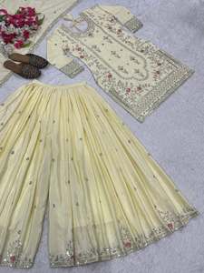 Conjunto de diseñador para novias y fiestas, con bordado de lentejuelas, top completamente cosido con sharara plazzo y dupatta, listo para usar. - Product Image 4