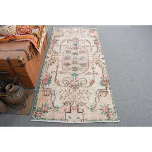 0.2x5.9 ft Vintage Rug, Turkish <b>Runner</b> Rug, <b>Red</b> Green Floral Wool Rug - Product Image 1