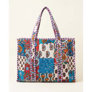 Bolso de mano de algodón acolchado Kantha hecho a mano para mujer, diseño de patchwork grande en colores azul cerúleo, óxido y amatista - Product Image 3