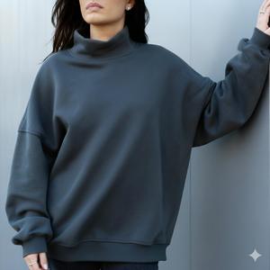 Sweat-shirt à col montant surdimensionné en molleton de coton lourd de haute qualité pour femmes, sweat-shirt décontracté avec lettres brodées - Product Image 1