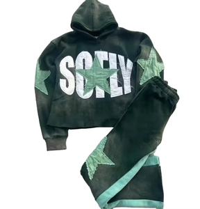 Custom 2-Piece Men's Tracksuit Set 100% Washed Cotton <b>Hoodie</b> Autumn Sweatpants Cropped Applique 3D Embroidery Solid Pattern - Product Image 4