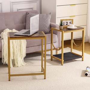 Ensemble de 2 tables d'appoint modernes décoratives faites à la main avec cadre en métal et dessus en bois Table de chevet pour petits espaces Tables - Product Image 3