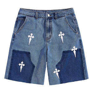Shorts en jean vintage pour hommes, style streetwear, coupe droite, personnalisés, amples, délavés, en coton, effet usé - Product Image 1