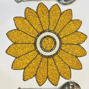 Handmade <b>Beaded</b> Sunflower Shaped Yellow Gold Mat Decorative <b>Placemat</b> for Wedding Christmas & Family Gatherings - Product Image 1