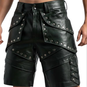 กางเกงขาสั้นหนังแท้สไตล์พังก์ร็อกสำหรับผู้ชาย ประดับหมุดโลหะ ดีไซน์ใหม่ปี 2026 - Product Image 1