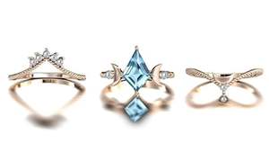 Anillo de Compromiso de Plata de Ley 925 Chapado en Oro Rosa con Topacio Azul, Juego de Anillos de Boda Art Deco de 3 Piezas, Anillo de Novia Único Certificado - Product Image 2