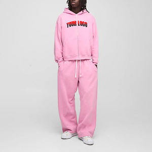 Ensemble de survêtement rose pour homme 100 % coton, tendance hiver 2026, avec logo personnalisé, sweat à capuche court zippé et pantalon large - Product Image 1