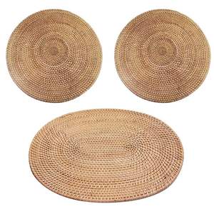 Assiette de présentation ronde en rotin beige élégante et basique, tapis et coussinets tissés naturels vintage et sains, dessous de plat rond en rotin - Product Image 1