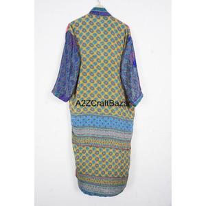 Robe longue bohème en patchwork de sari en soie 100% faite à la main pour femmes, col en V, cordon de serrage, manches longues, douce, respirante, hiver - Product Image 5