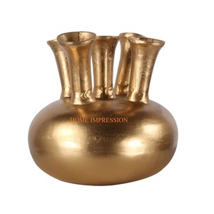 Floreros y macetas de metal chapado en oro de latón vintage, diseño de cuerno, decoración de pisos y mesas, jarrones y macetas para decoración del hogar - Product Image 3