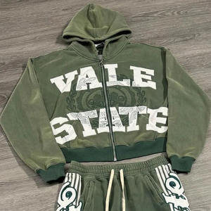 Conjunto de chándal personalizado 100% de algodón para hombre, sudadera con cremallera y lavado ácido desgastado, pantalones de chándal acampanados con serigrafía Vintage para invierno - Product Image 4