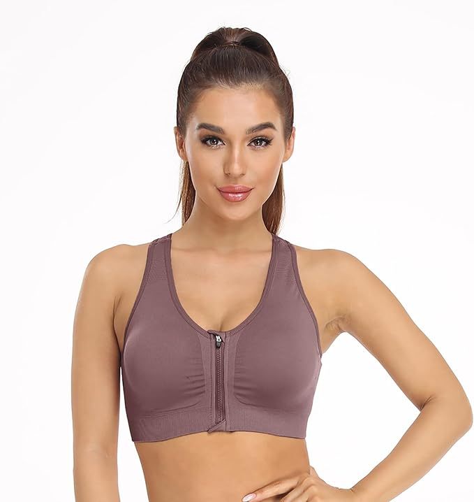 Women's Eco-Friendly Reversible Print High Support Zip Front Wireless Sports Bra for Yoga & Post-Surgery Use