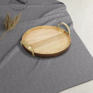 Plateau de service en bois avec poignées métalliques, design rond élégant, durable, facile à transporter, pour la salle à manger, la cuisine, la décoration de la maison - Product Image 5