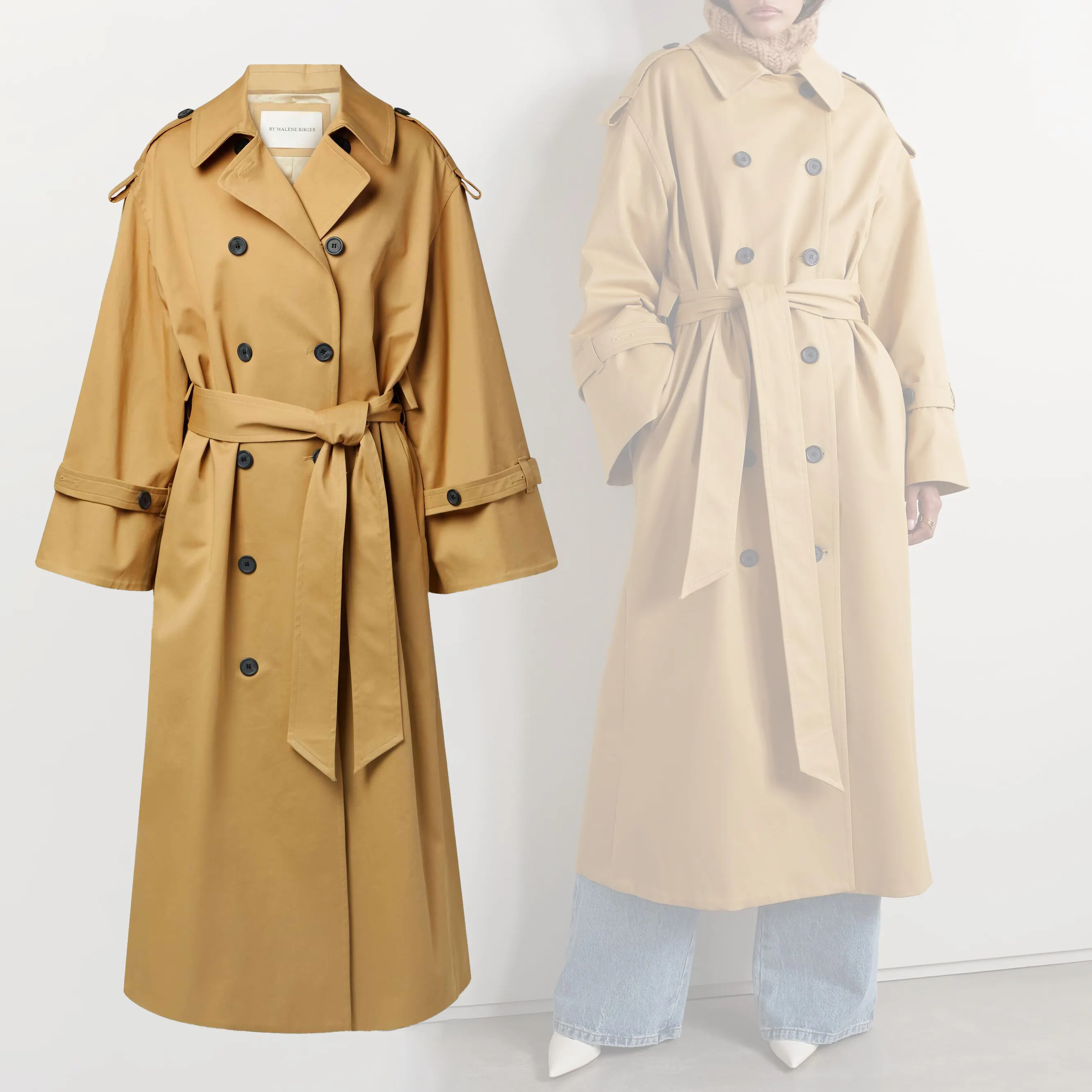 Best OEM Manufacturing Women Trench Coat Oversized Double Breasted Organic Cotton Twill Coats Fashion Flare Sleeve Coats